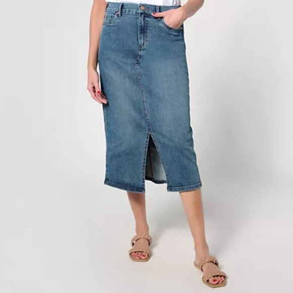 Denim & Co. Canyon Retreat Easy Stretch River Wash Midi Skirt Women's Size 12P - Picture 1 of 10